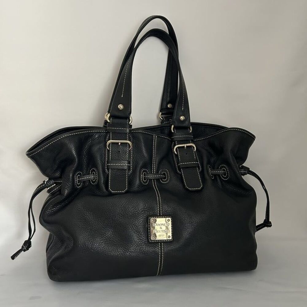 Dooney & Bourke Pebbled Leather Drawstring Tote Satchel Black Contrast Stitch - Picture 1 of 15